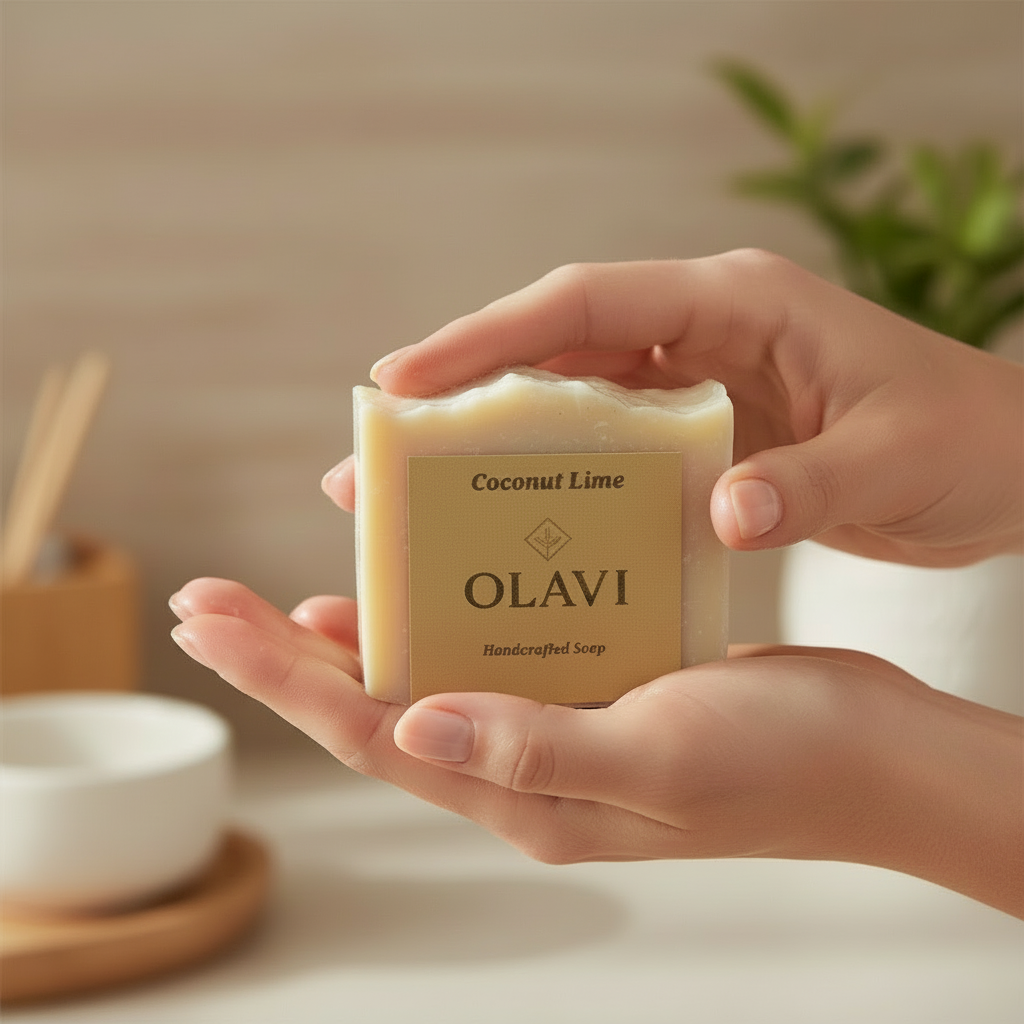 Hand holding a Coconut Lime OLAVI handmade soap bar over a clean, natural background.