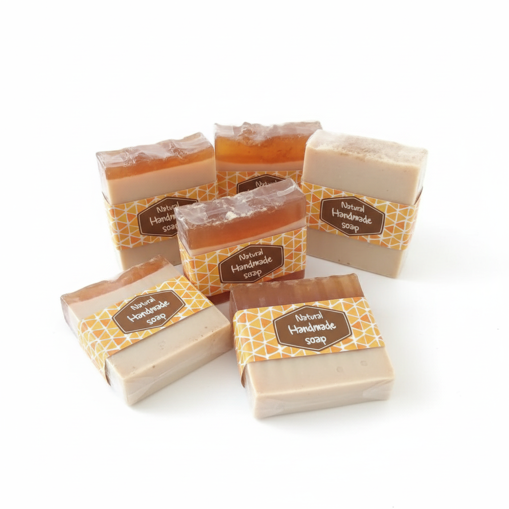 Group of OLAVI handmade glycerin soaps with oatmeal and honey, arranged on a clean background.