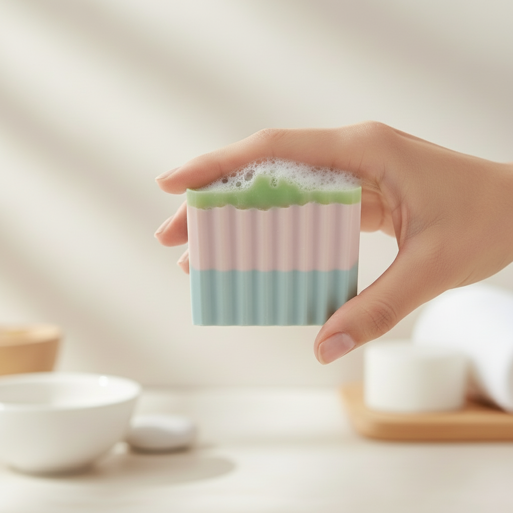 Bar of soap with a gradient from green to pink to blue on a white background