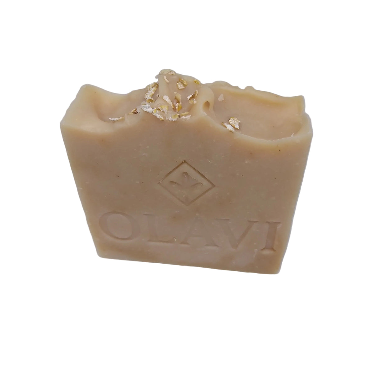 oatmeal & Turmeric soap bar with 'OLAVI' branding on a white background